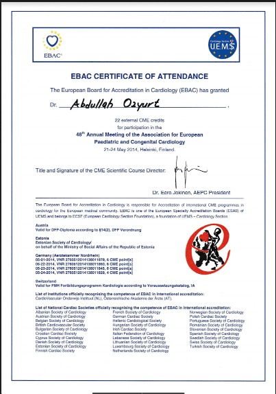 48. Avrupa çocuk kardiyoloji kongresi katılım belgesi