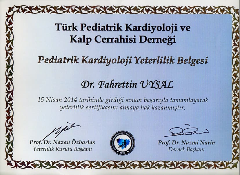 Pediyatrik kardiyoloji yeterlilik belgesi.