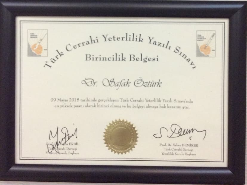Türk Cerrahi Yeterlilik Sınavı Birincilik Belgesi