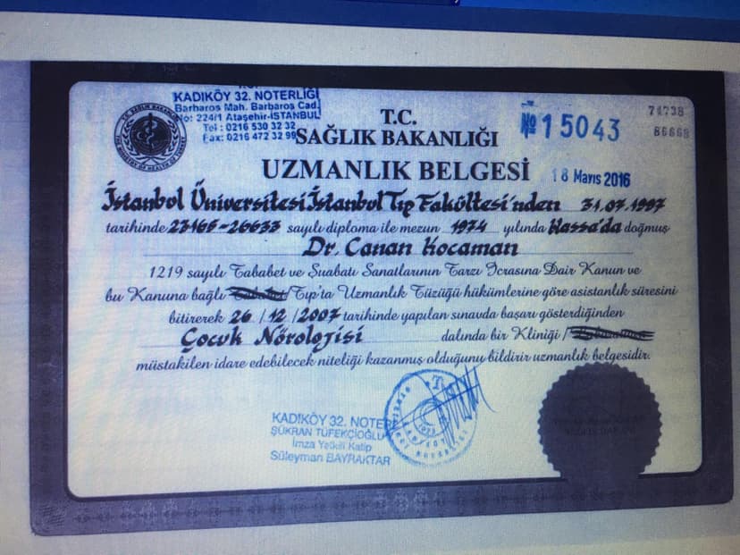 İstanbul Üniversitesi İstanbul Tıp Fakültesi  Çocuk Nörolojisi Uzmanlık Belgesi