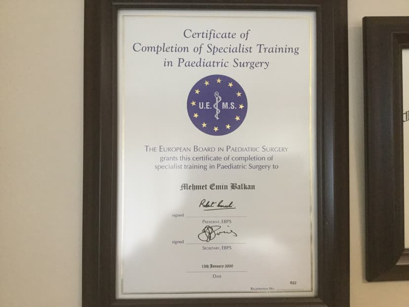 Certificate of Completion of Specialst Traning in Peadiatric Surgery