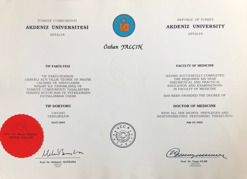 Tıp Fakültesi Lisans ve Yüksek Lisans Mezuniyet Belgesi - 2002/2003 Dönem Birincisi
