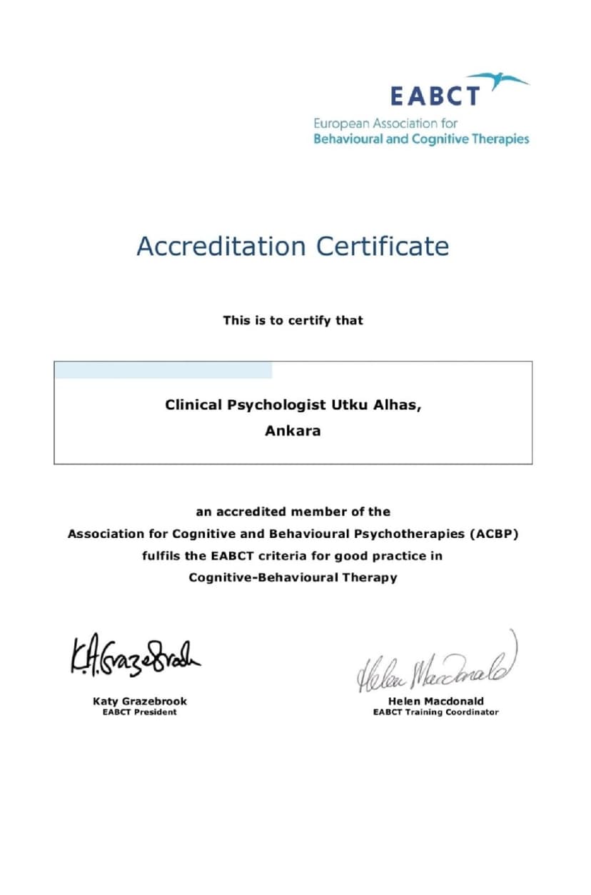 Avrupa Bilişsel Davranışçı Terapiler Birliği (EABCT)'den Akredite Bilişsel Davranışçı Terapist
