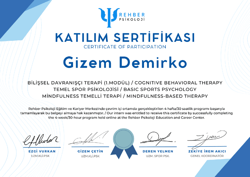 Bilişsel Davranışçı Terapi-Temel Spor Psikolojisi- Mindfulness Temelli Terapi Katılım Sertifikası