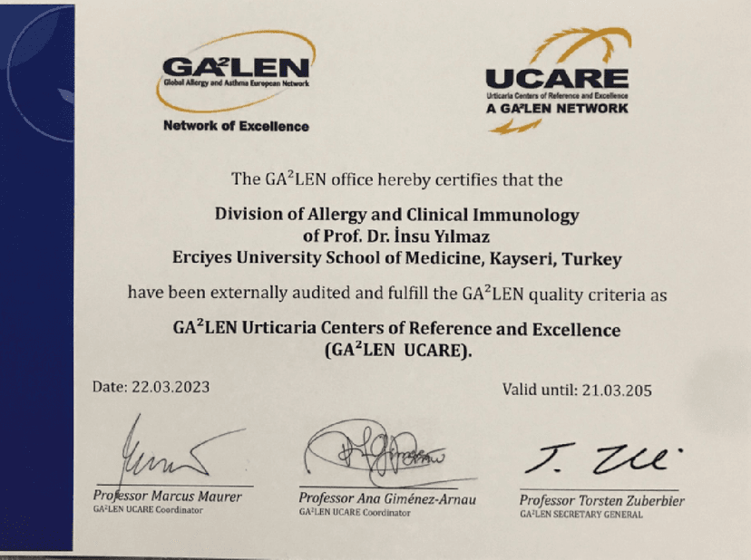 ÜRTİKER/ANJİOÖDEM MÜKEMMELİYET MERKEZİ SERTİFİKASI