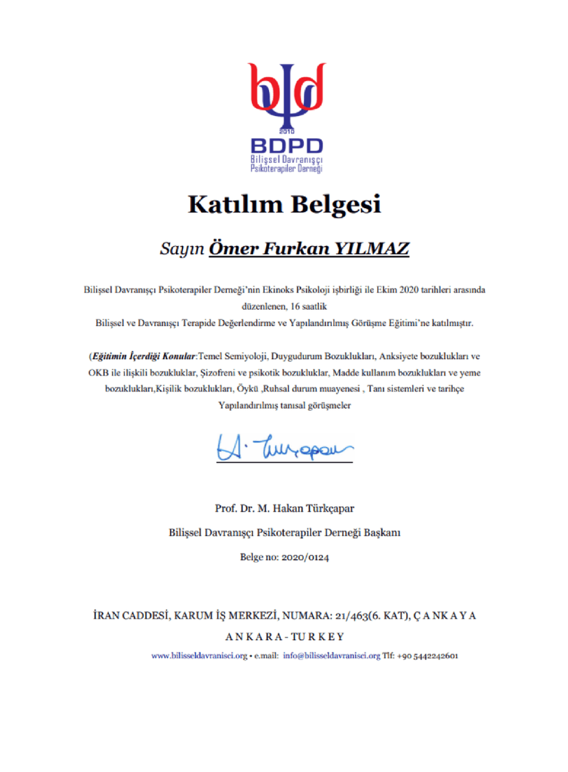 Bilişsel ve Davranışçı Terapide Değerlendirme ve Yapılandırılmış Görüşme Eğitimi