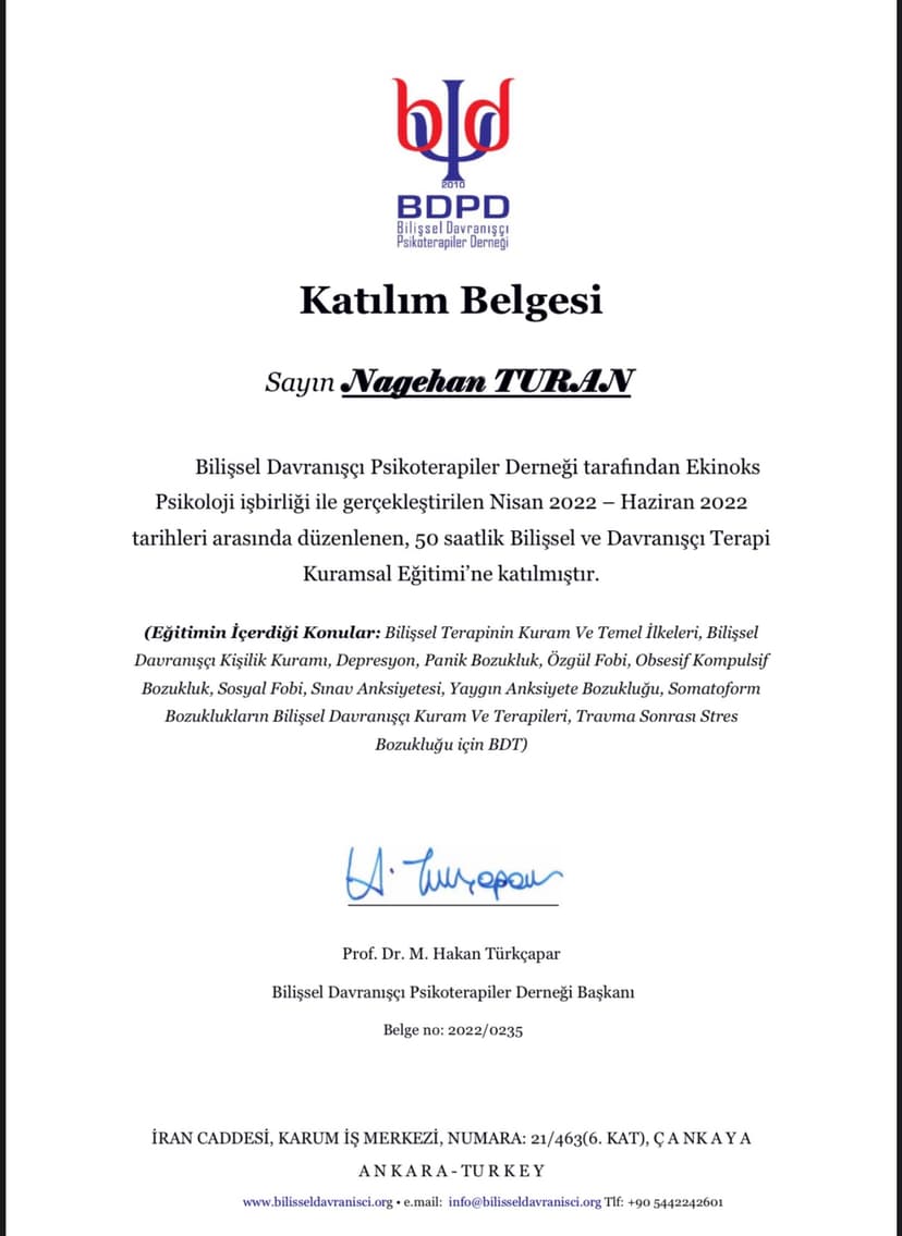 Bilişsel ve Davranışçı Terapi Kuramsal Eğitimi