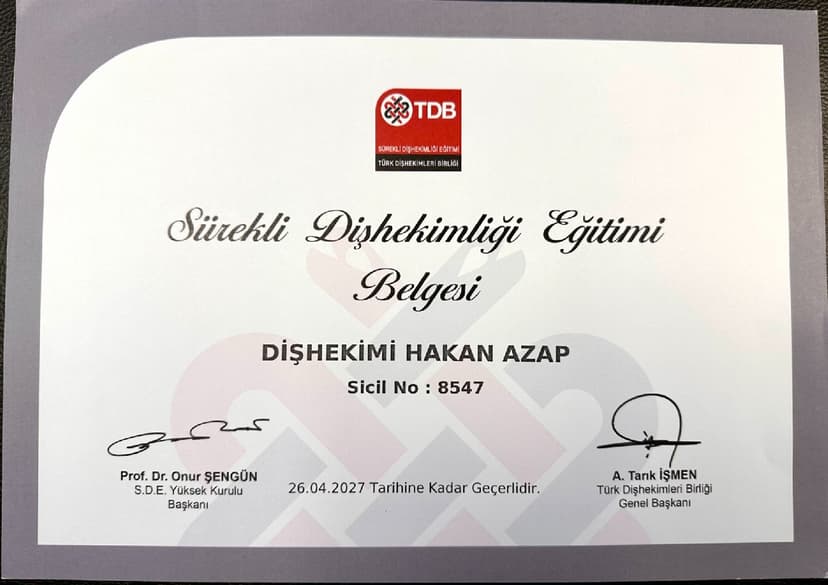 2027 TARİHİNE KADAR GEÇERLİ SÜREKLİ DİŞ HEKİMLİĞİ EĞİTİMİ SERTİFİKASI