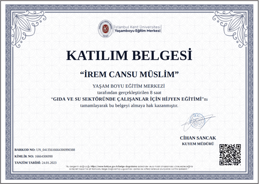 Gıda ve Su Sektöründe Çalışanlar İçin Hijyen Belgesi