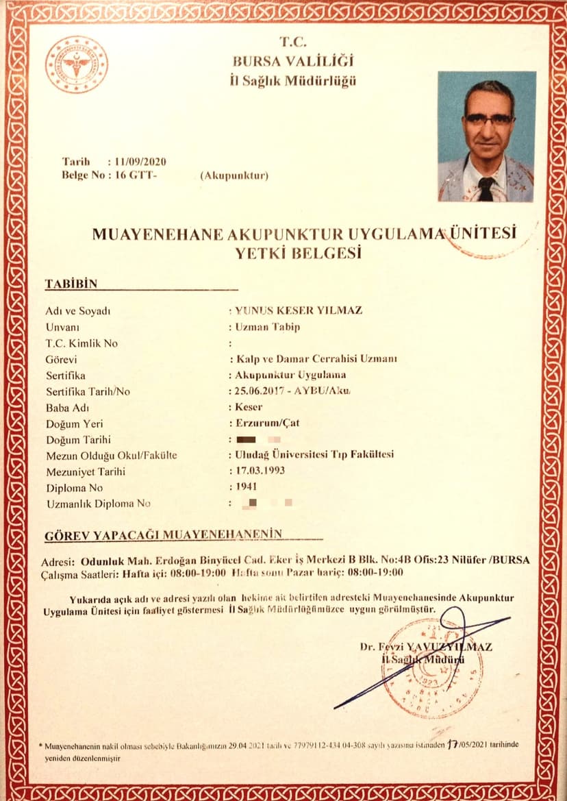Akupunktur Uygulama Yetki Belgesi