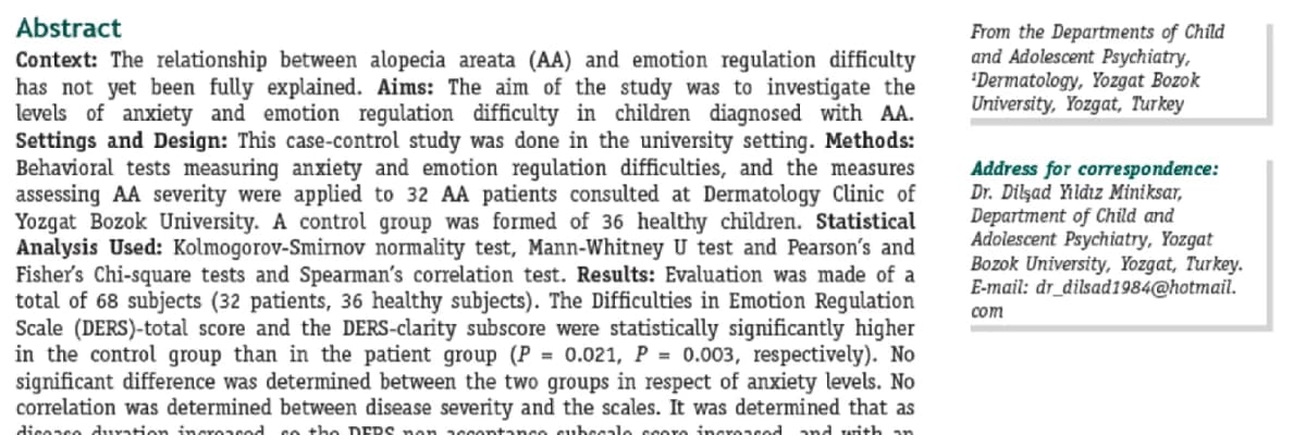 An Evaluation of Anxiety Disorder and Emotion Regulation Difficulty in Children and Adolescents with Alopecia Areata