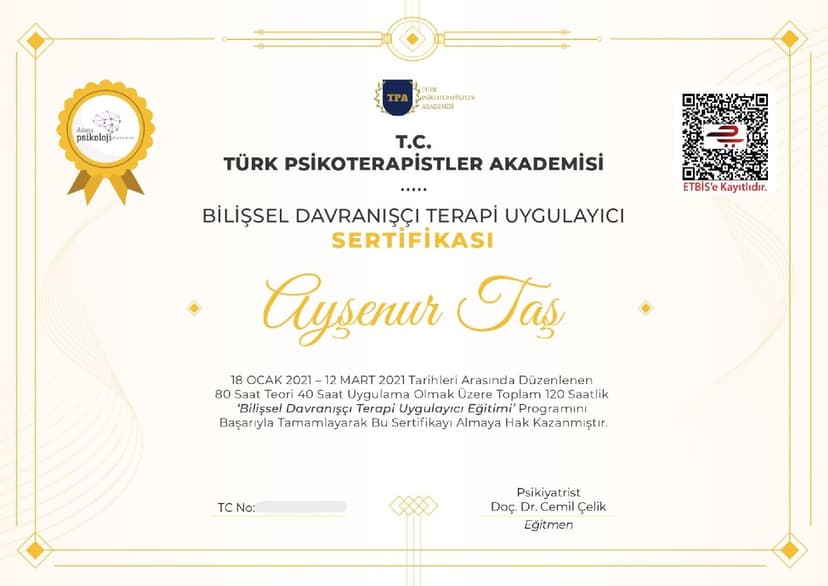 Bilişsel Davranışçı Terapi Uygulayıcı Sertifikası 2021